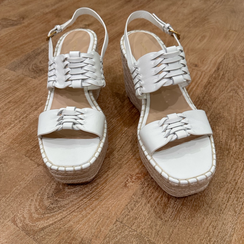 Veronica Beard White Leather Woven Espadrille Wedge Sandals Platform Slingback 9